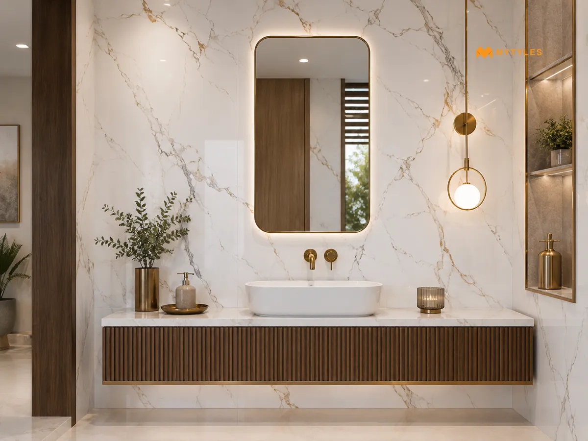 Statuario Tiles with Brass Details for a Premium Look